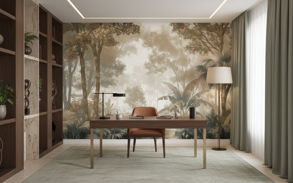 Papier peint jungle tropicale sépia style gravure vintage - Bureau