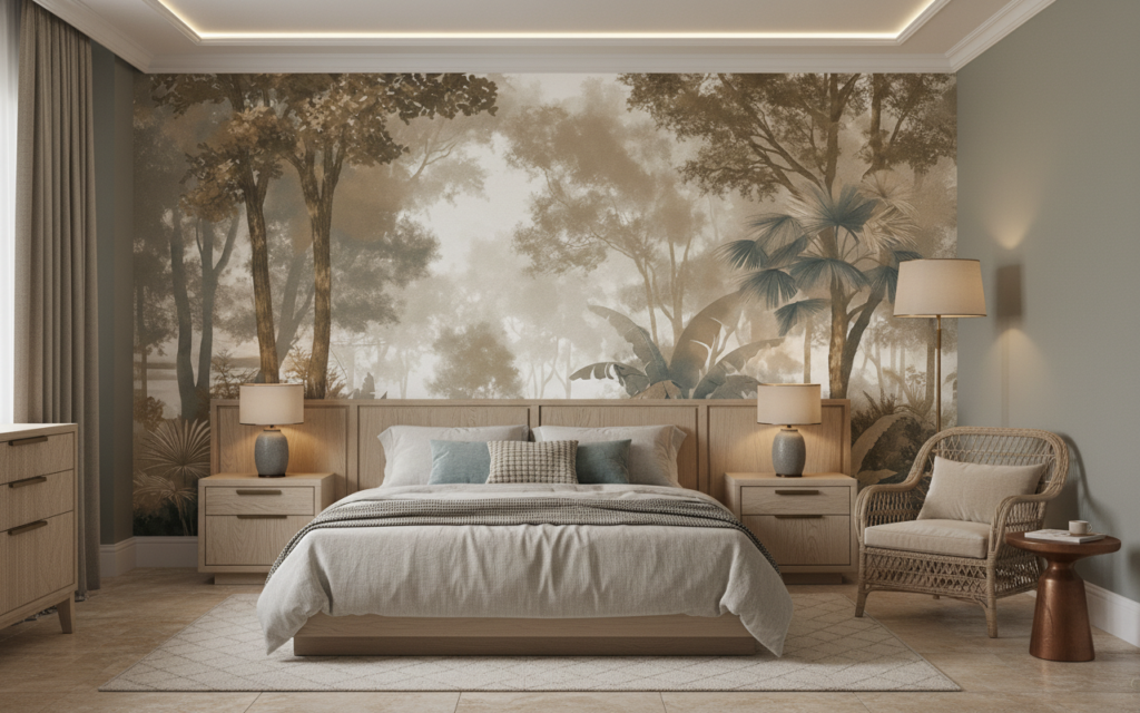 Papier peint jungle tropicale sépia style gravure vintage - Chambre adulte