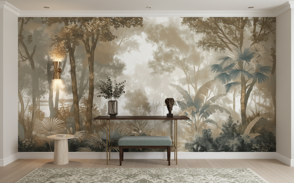 Papier peint jungle tropicale sépia style gravure vintage - Entrée