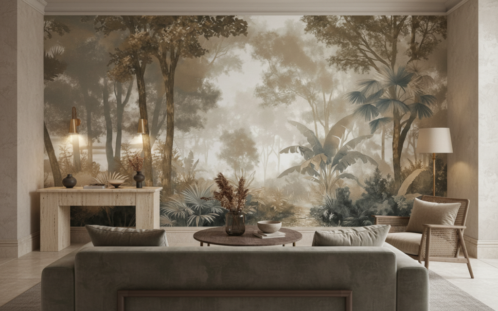 Papier peint jungle tropicale sépia style gravure vintage - Hôtel