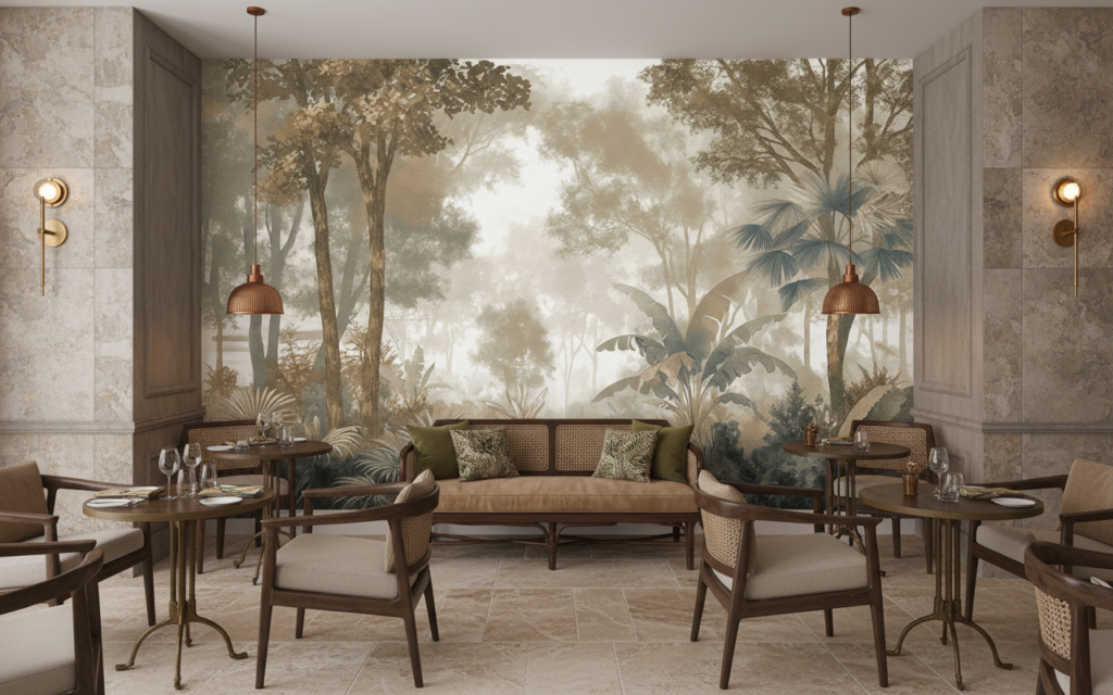 Papier peint jungle tropicale sépia style gravure vintage - Restaurant