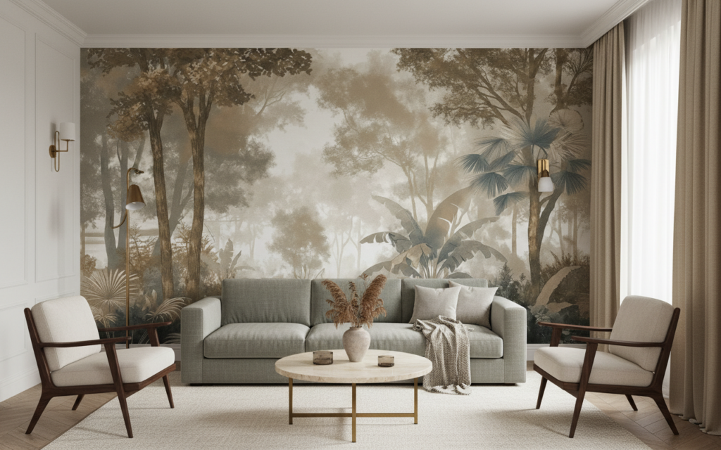 Papier peint jungle tropicale sépia style gravure vintage - Salon / Séjour