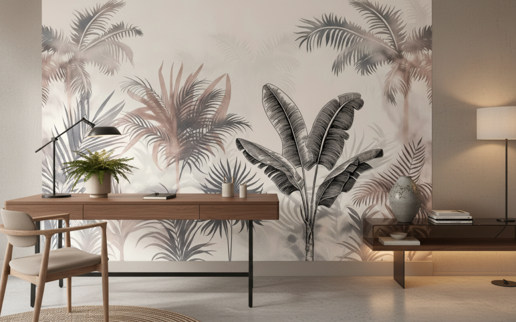 Papier peint jungle tropicale tons beiges et gris naturels - Bureau