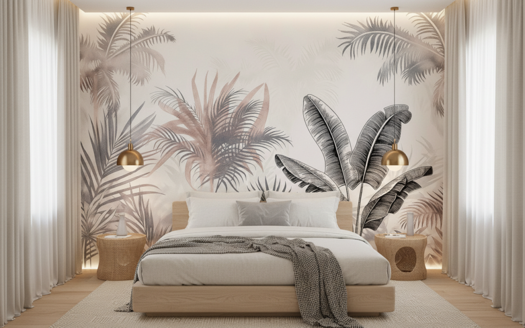 Papier peint jungle tropicale tons beiges et gris naturels - Chambre adulte