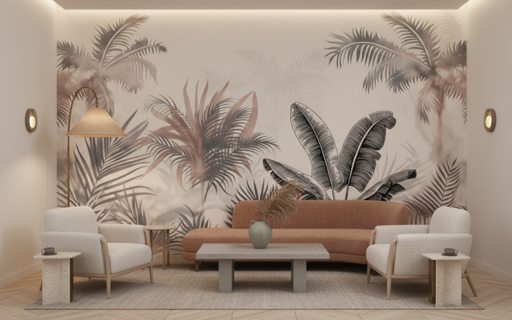 Papier peint jungle tropicale tons beiges et gris naturels - Hôtel