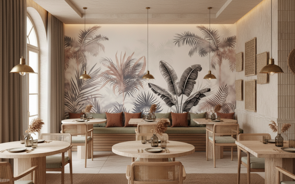 Papier peint jungle tropicale tons beiges et gris naturels - Restaurant