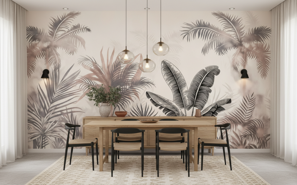 Papier peint jungle tropicale tons beiges et gris naturels - Salle à manger