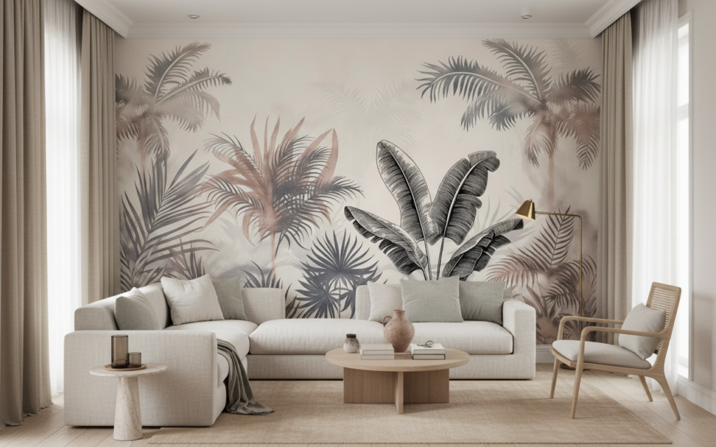 Papier peint jungle tropicale tons beiges et gris naturels - Salon / Séjour