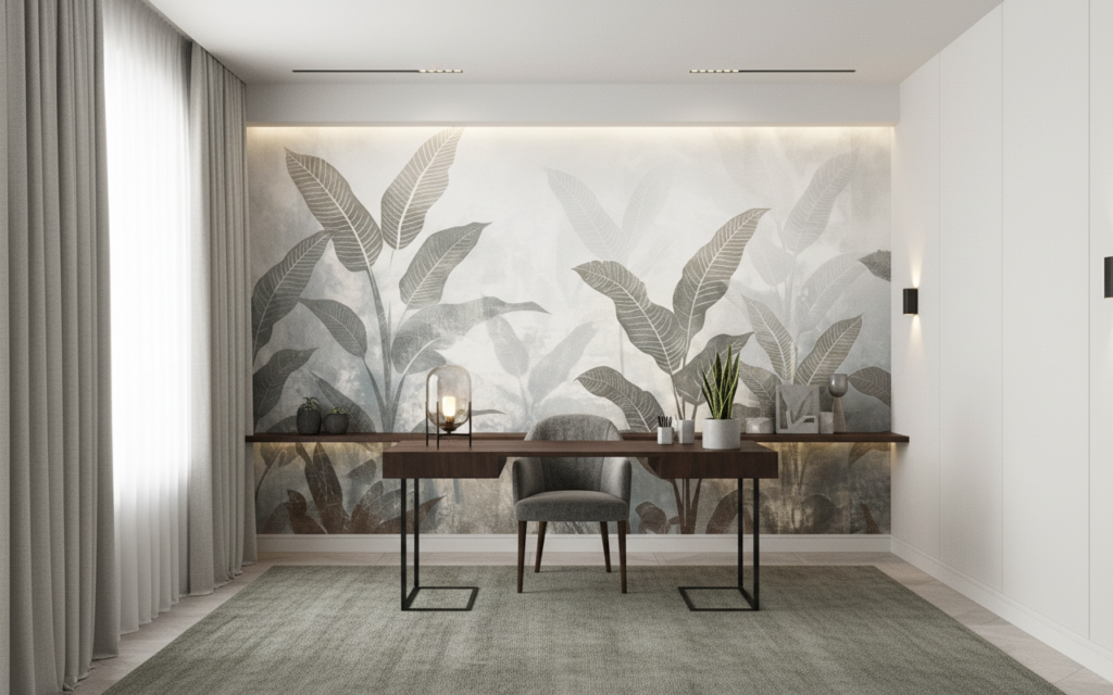 Papier peint jungle tropicale tons beiges et gris vintage - Bureau