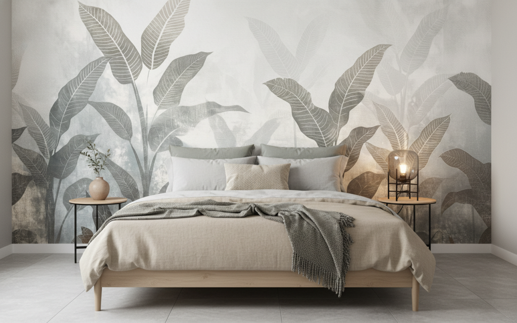 Papier peint jungle tropicale tons beiges et gris vintage - Chambre adulte