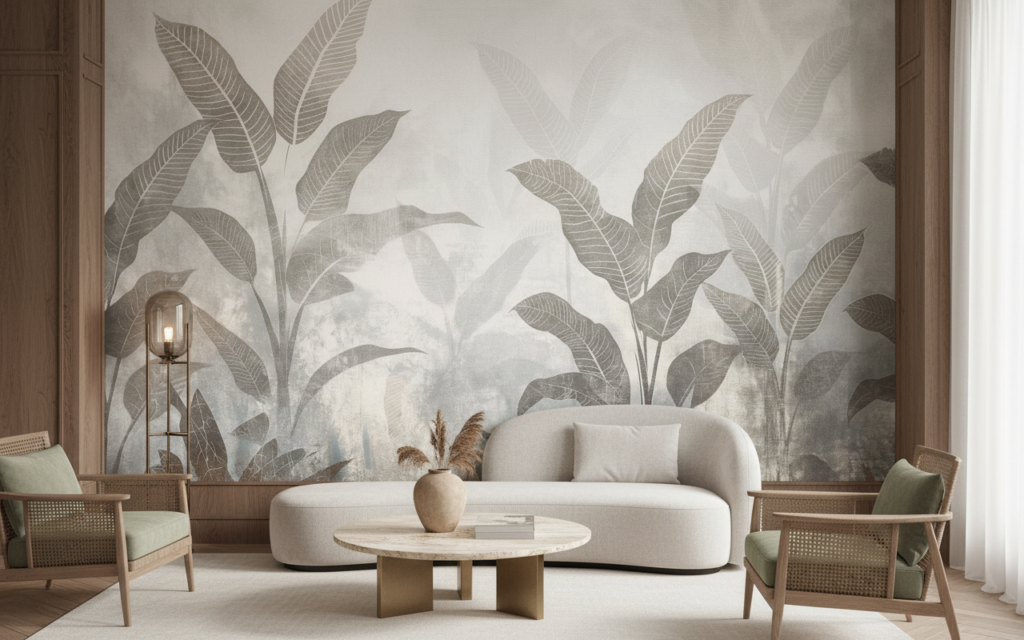 Papier peint jungle tropicale tons beiges et gris vintage - Hôtel