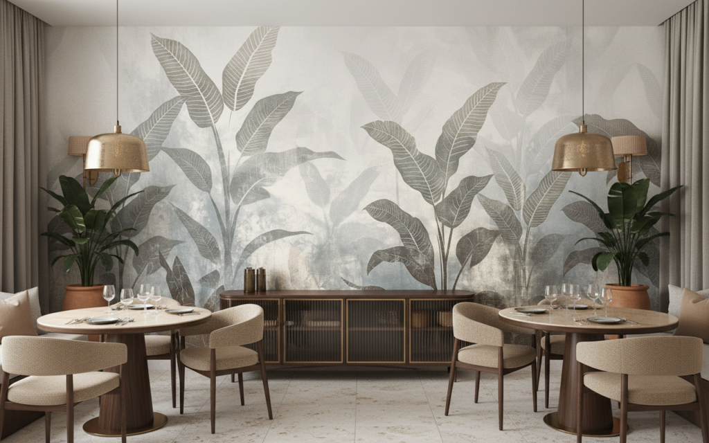 Papier peint jungle tropicale tons beiges et gris vintage - Restaurant