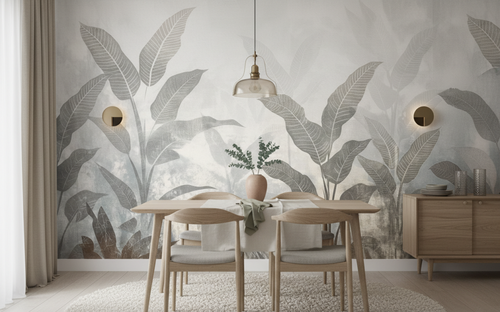 Papier peint jungle tropicale tons beiges et gris vintage - Salle à manger