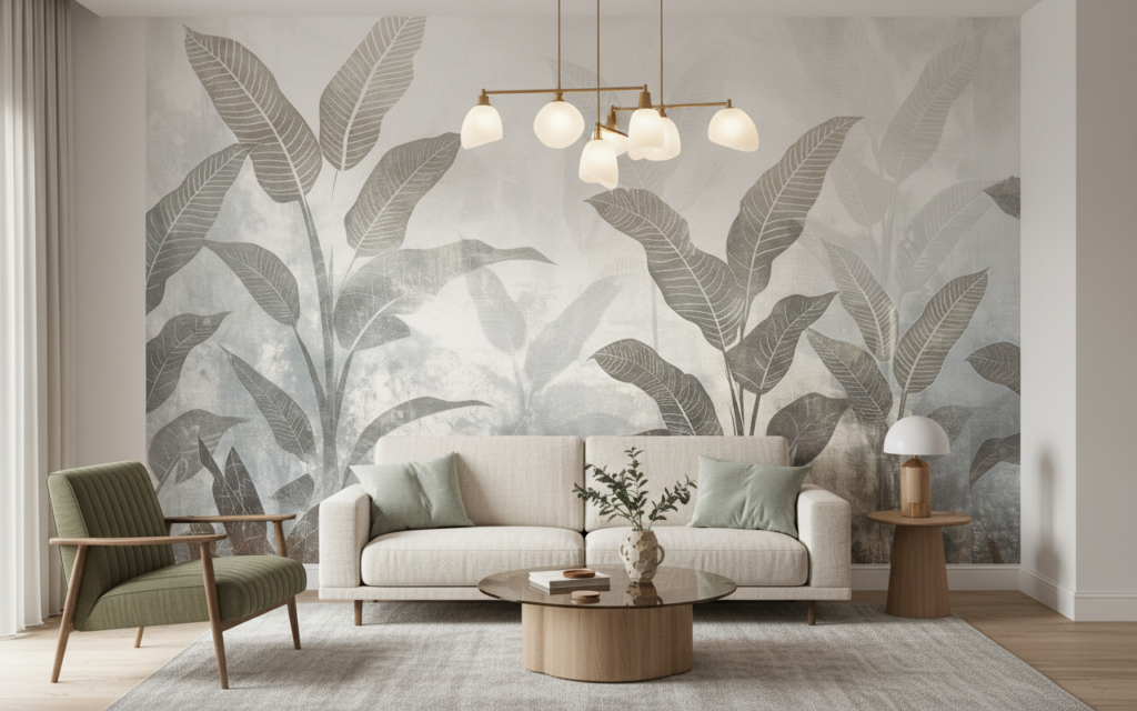 Papier peint jungle tropicale tons beiges et gris vintage - Salon / Séjour