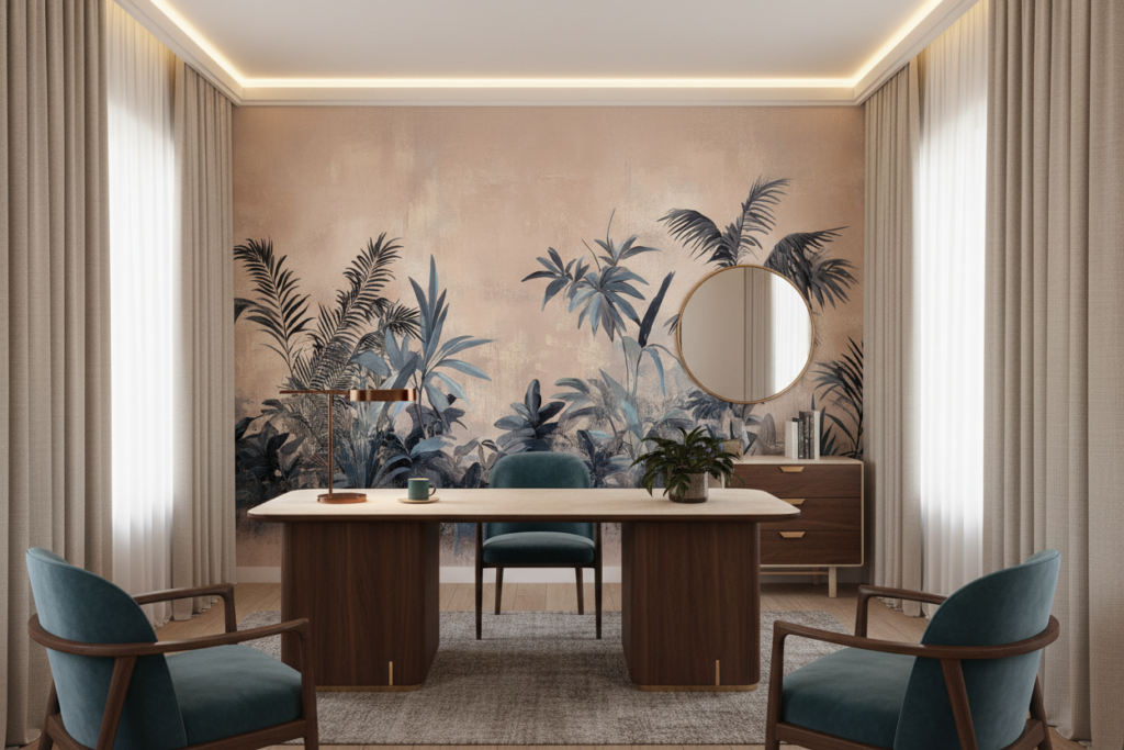 Papier peint jungle tropicale vintage aux tons beiges et bleus - Bureau