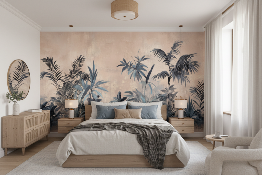 Papier peint jungle tropicale vintage aux tons beiges et bleus - Chambre adulte