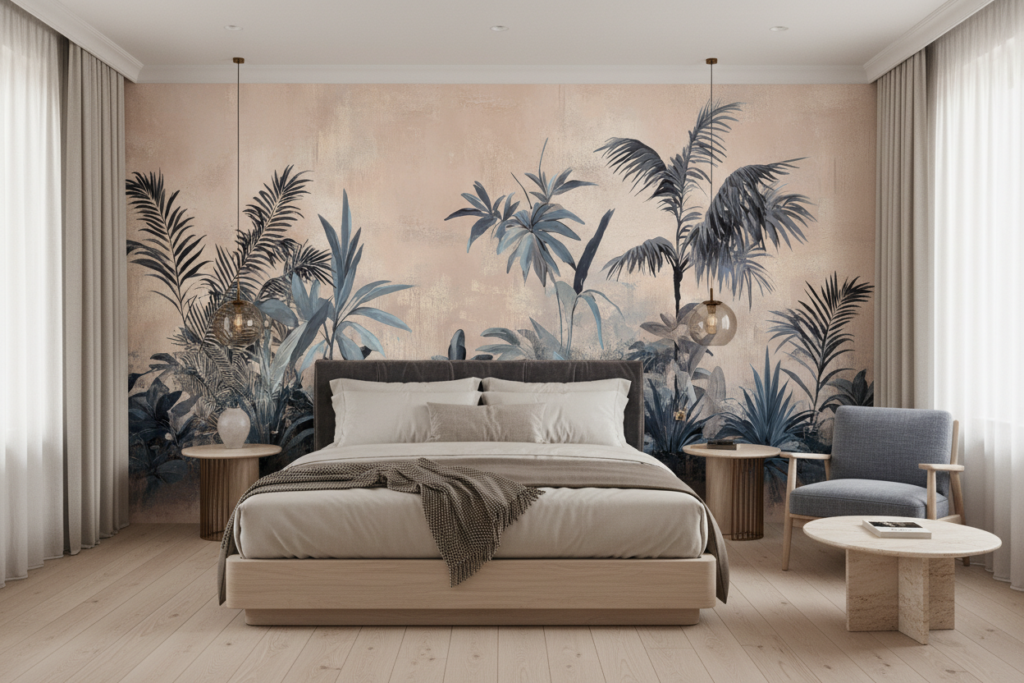 Papier peint jungle tropicale vintage aux tons beiges et bleus - Hôtel