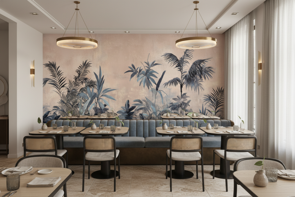 Papier peint jungle tropicale vintage aux tons beiges et bleus - Restaurant