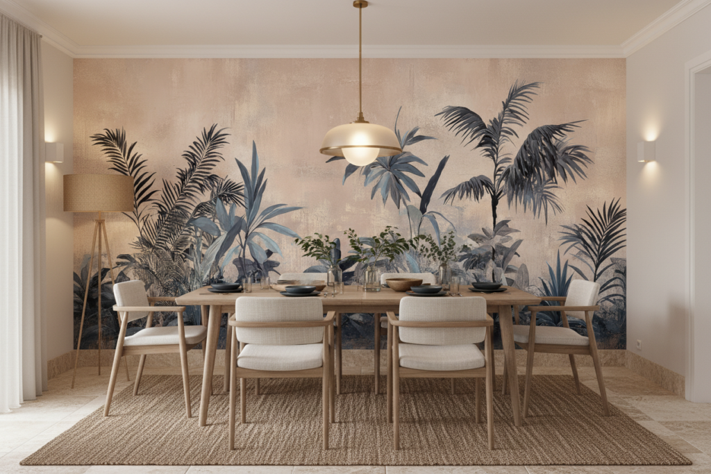 Papier peint jungle tropicale vintage aux tons beiges et bleus - Salle à manger