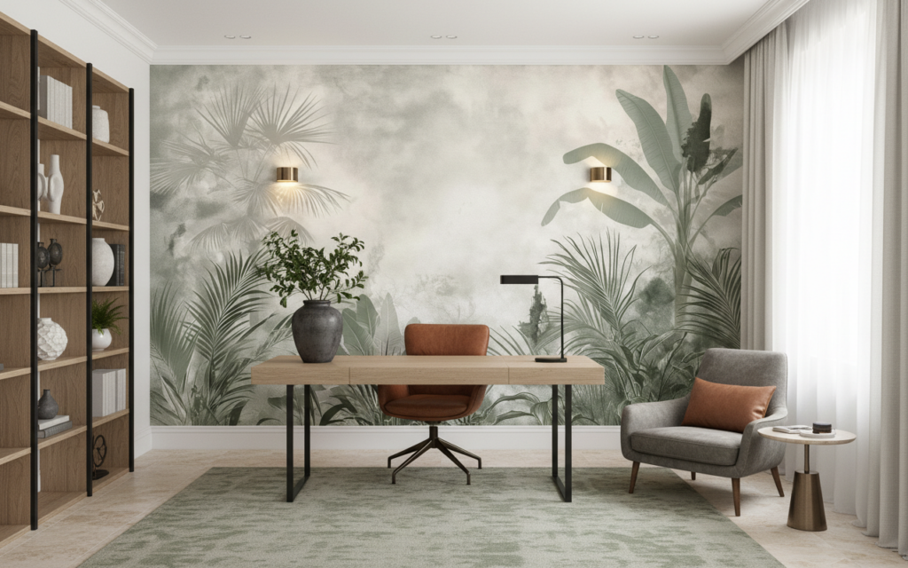 Papier peint jungle tropicale vintage aux tons vert pastel - Bureau