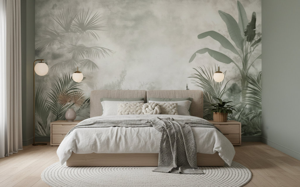 Papier peint jungle tropicale vintage aux tons vert pastel - Chambre adulte