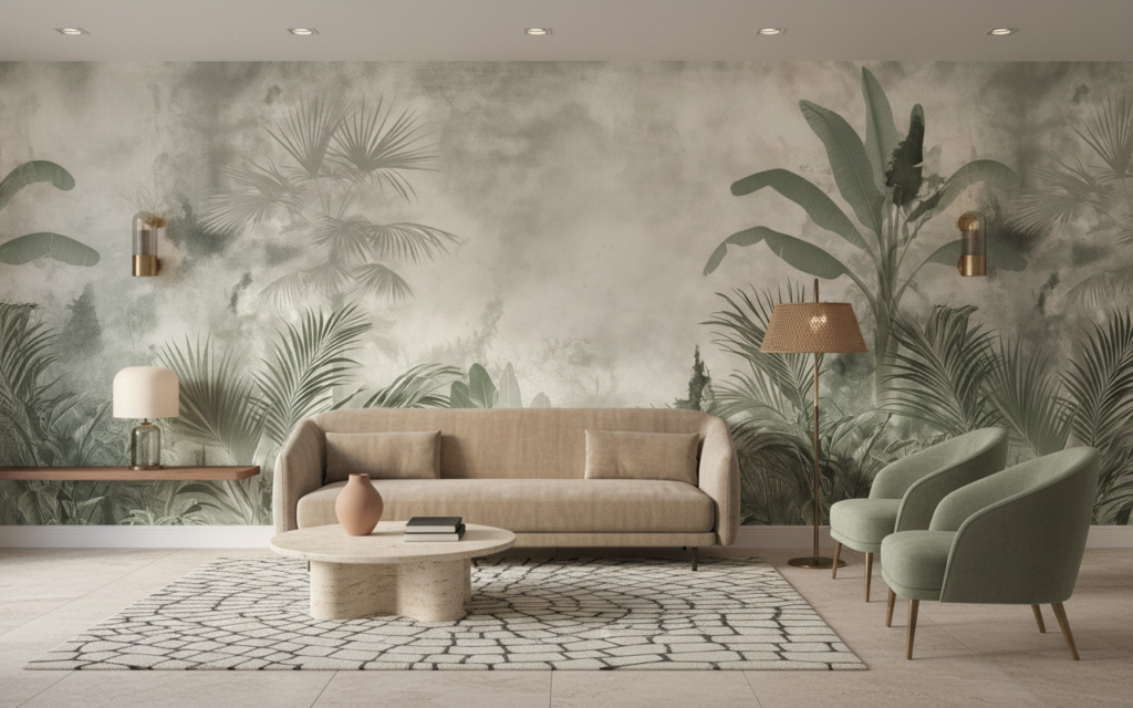 Papier peint jungle tropicale vintage aux tons vert pastel - Hôtel