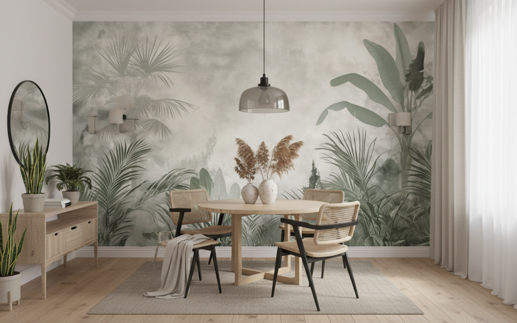Papier peint jungle tropicale vintage aux tons vert pastel - Salle à manger