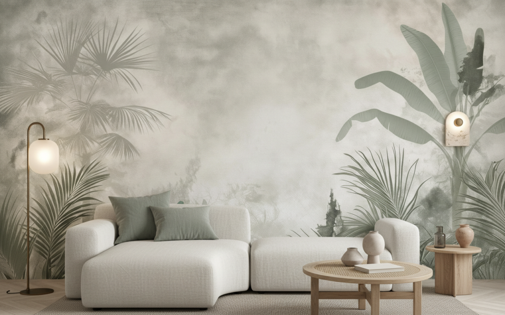 Papier peint jungle tropicale vintage aux tons vert pastel - Salon / Séjour