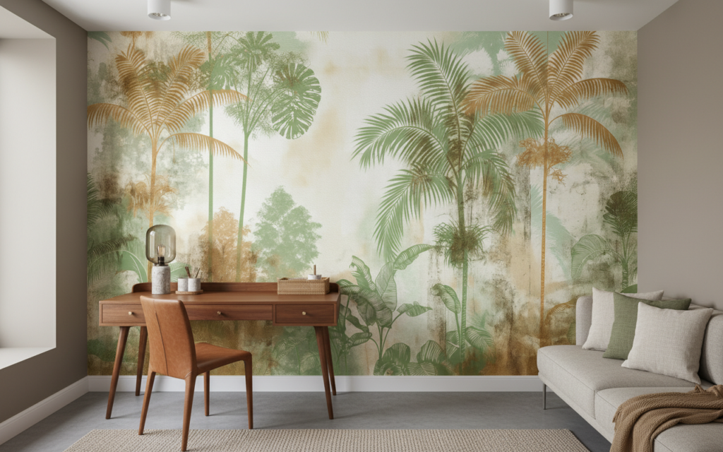 Papier Peint Jungle Tropicale Vintage aux Tons Verts et Dorés - Bureau