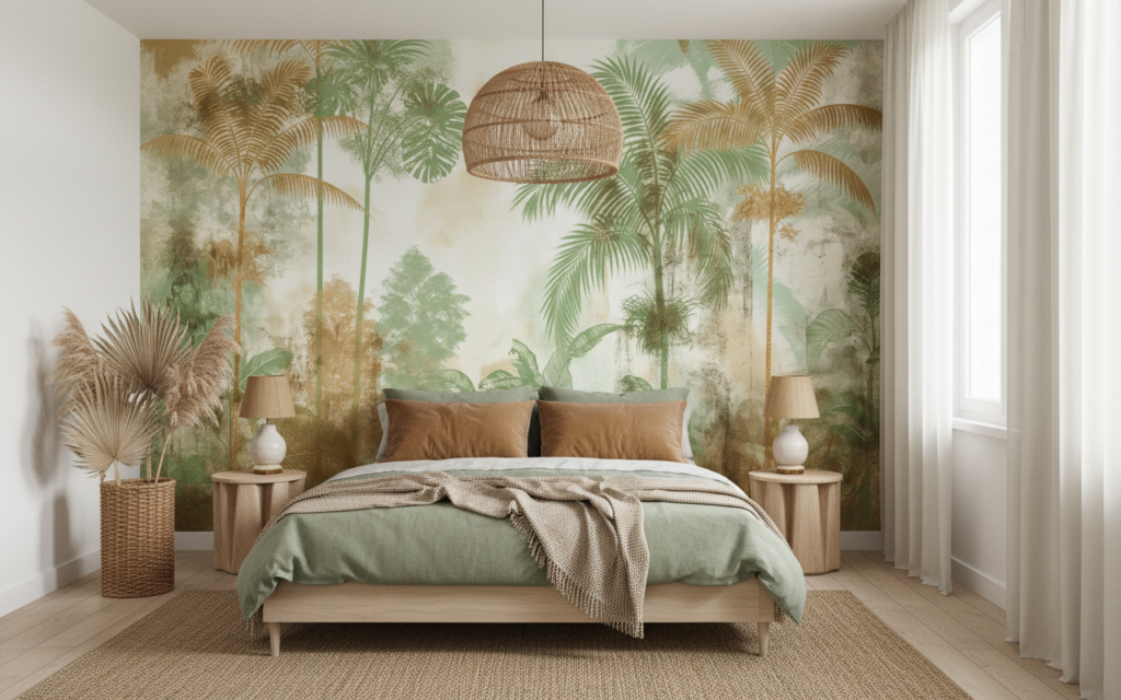 Papier Peint Jungle Tropicale Vintage aux Tons Verts et Dorés - Chambre adulte