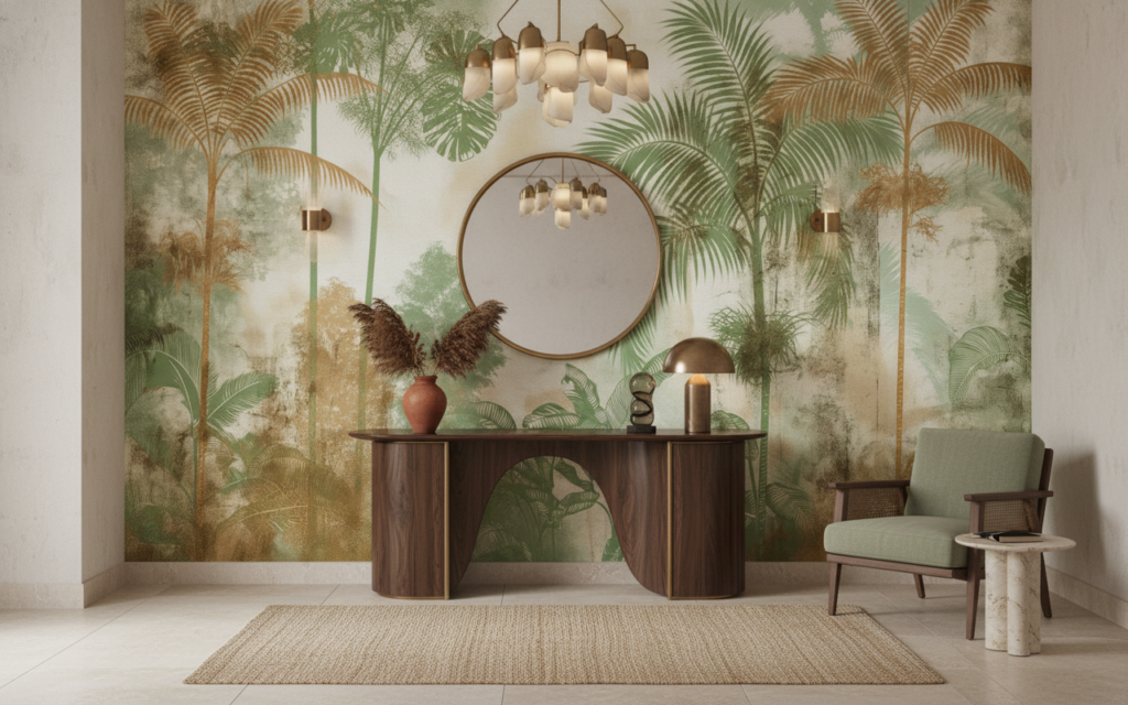 Papier Peint Jungle Tropicale Vintage aux Tons Verts et Dorés - Entrée