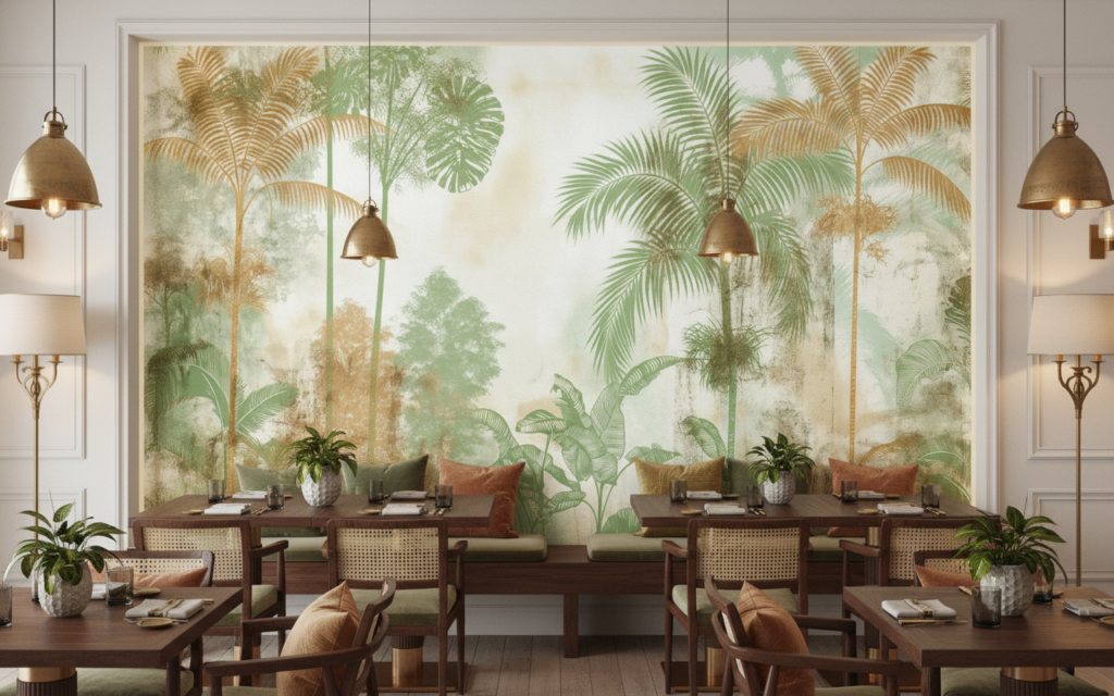 Papier Peint Jungle Tropicale Vintage aux Tons Verts et Dorés - Restaurant