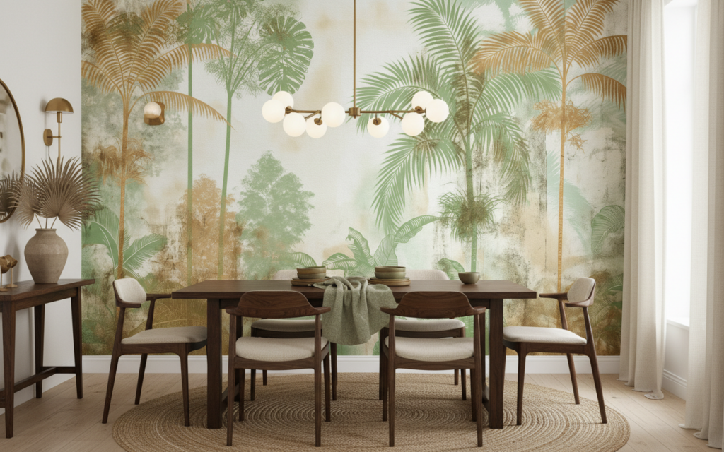 Papier Peint Jungle Tropicale Vintage aux Tons Verts et Dorés - Salle à manger