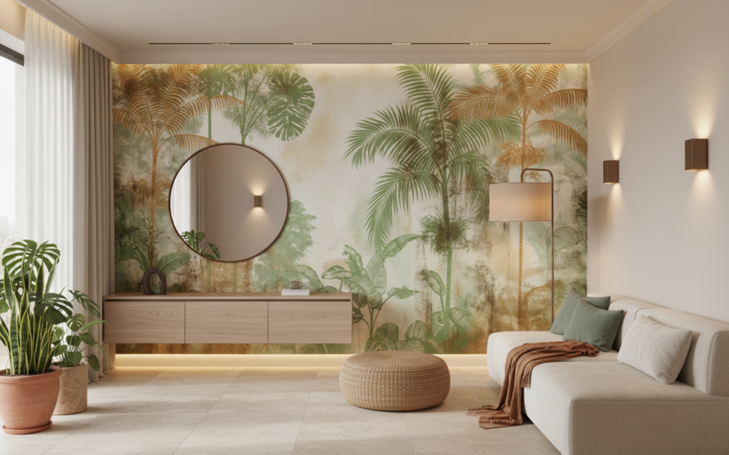 Papier Peint Jungle Tropicale Vintage aux Tons Verts et Dorés - Salon / Séjour