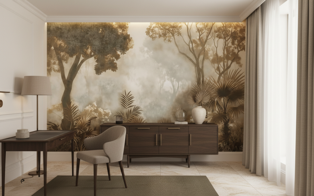 Papier Peint Jungle Tropicale Vintage Sépia et Dorée - Bureau