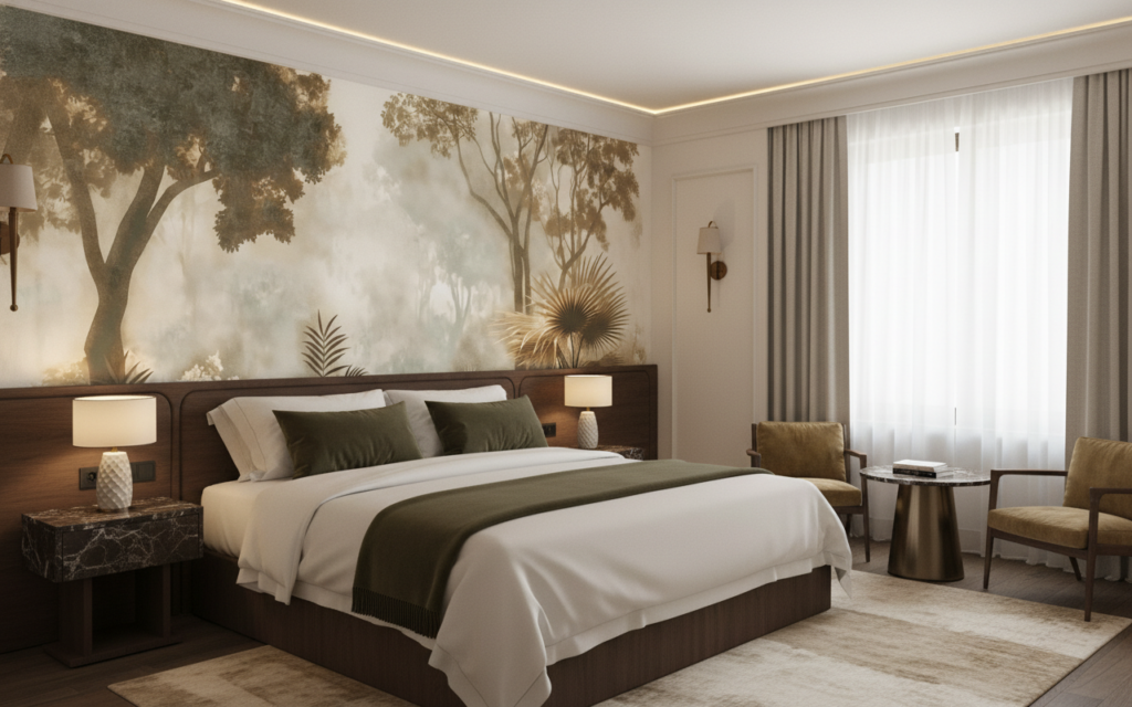 Papier Peint Jungle Tropicale Vintage Sépia et Dorée - Hôtel