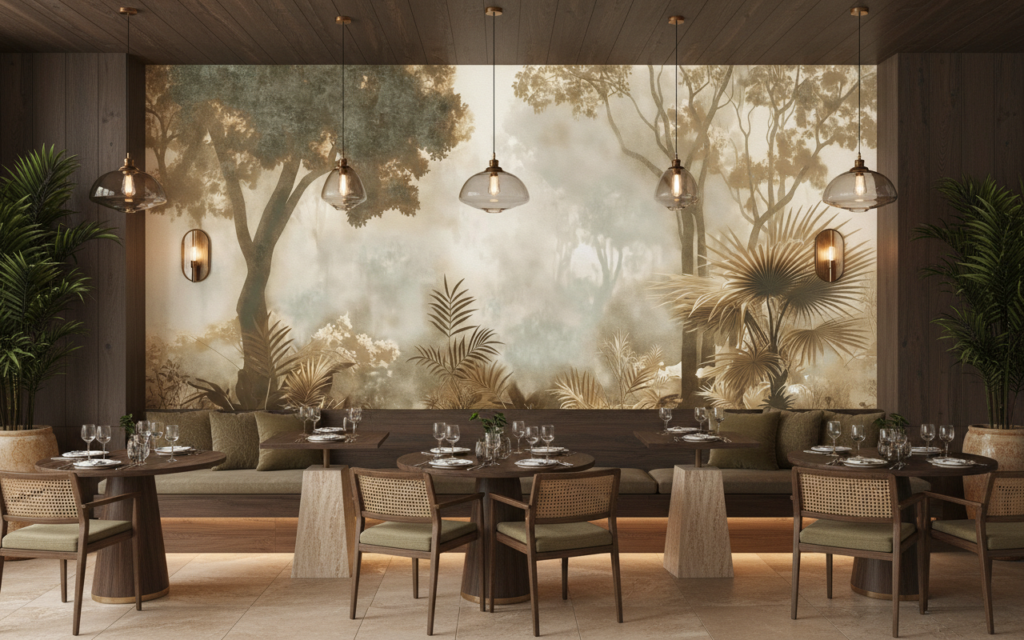 Papier Peint Jungle Tropicale Vintage Sépia et Dorée - Restaurant