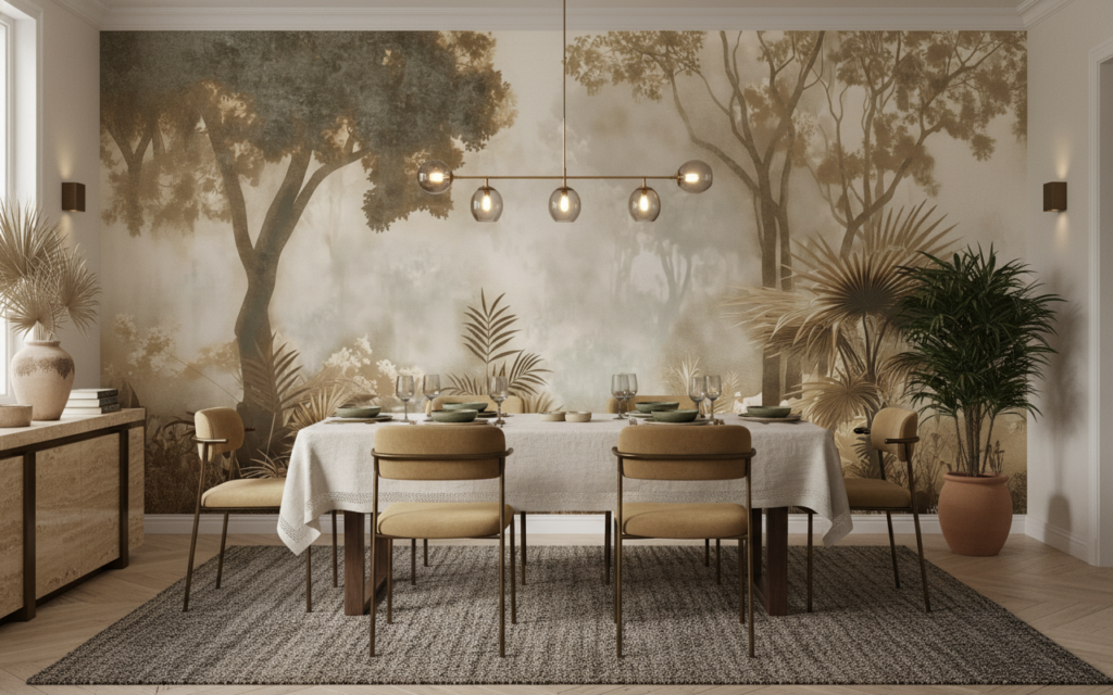 Papier Peint Jungle Tropicale Vintage Sépia et Dorée - Salle à manger