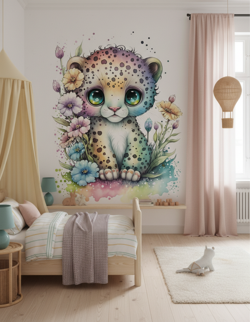Papier Peint Léopard Kawaii Aquarelle Fleurs Multicolores Enfant - Chambre enfant