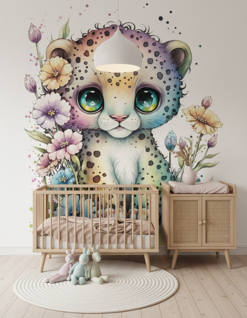 Papier Peint Léopard Kawaii Aquarelle Fleurs Multicolores Enfant - Espace enfant (pro)