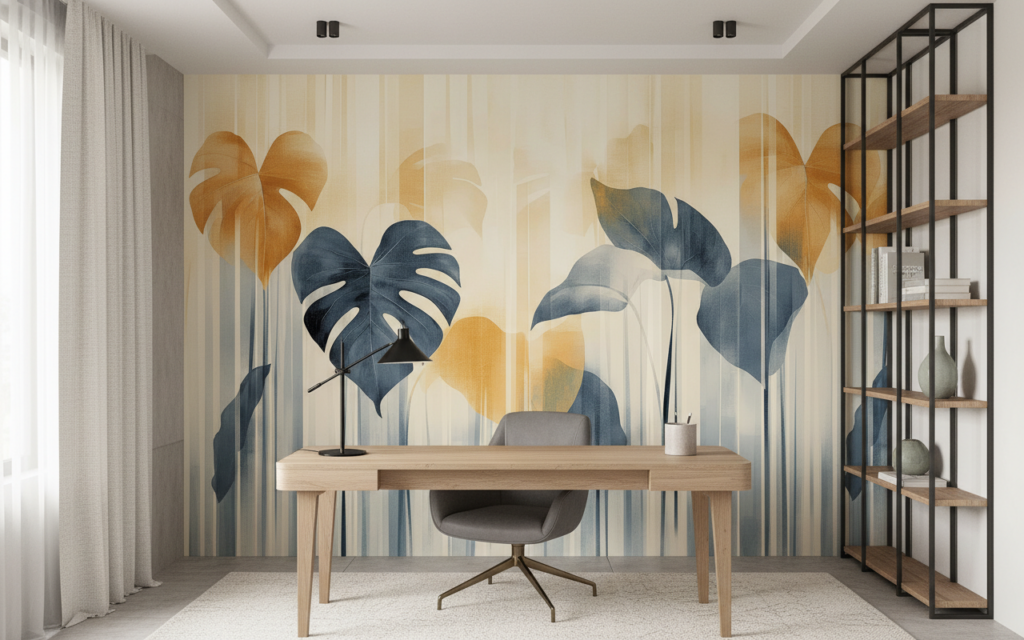 Papier peint moderne feuilles tropicales bleu doré élégant - Bureau