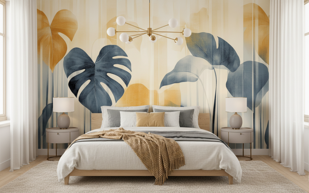 Papier peint moderne feuilles tropicales bleu doré élégant - Chambre adulte