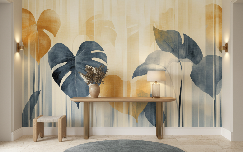 Papier peint moderne feuilles tropicales bleu doré élégant - Entrée