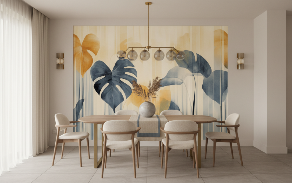 Papier peint moderne feuilles tropicales bleu doré élégant - Salle à manger