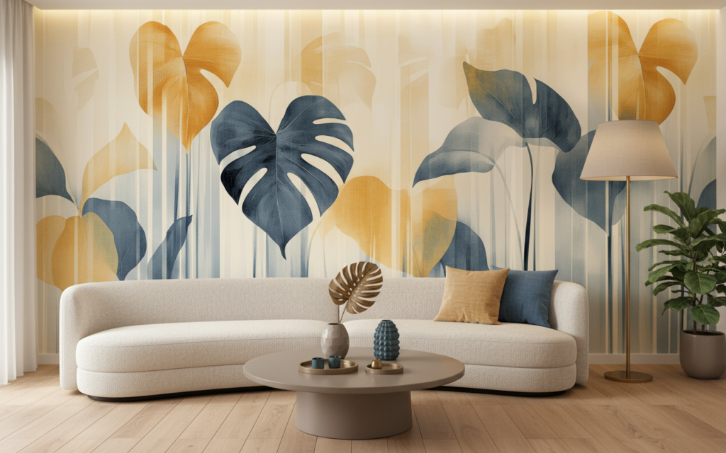 Papier peint moderne feuilles tropicales bleu doré élégant - Salon / Séjour