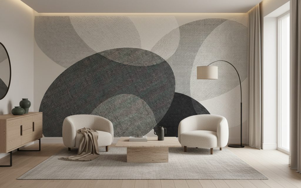 Papier Peint Moderne Formes Géométriques Abstraites Beiges et Grises - Salon / Séjour