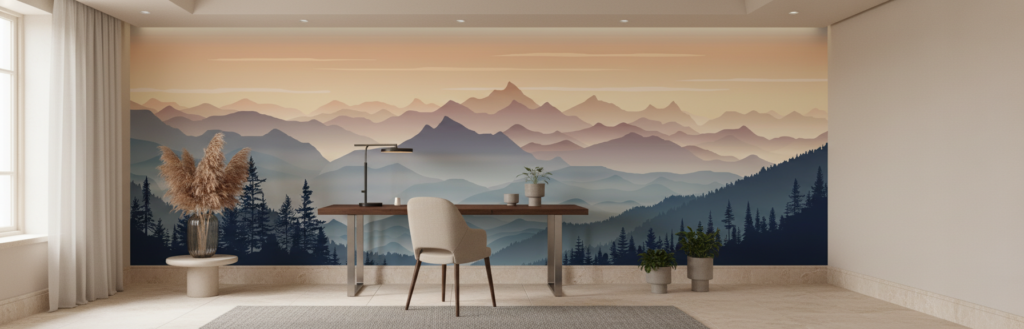 Papier Peint Montagnes Brummeuses Coucher de Soleil Atmosphère Zen - Bureau