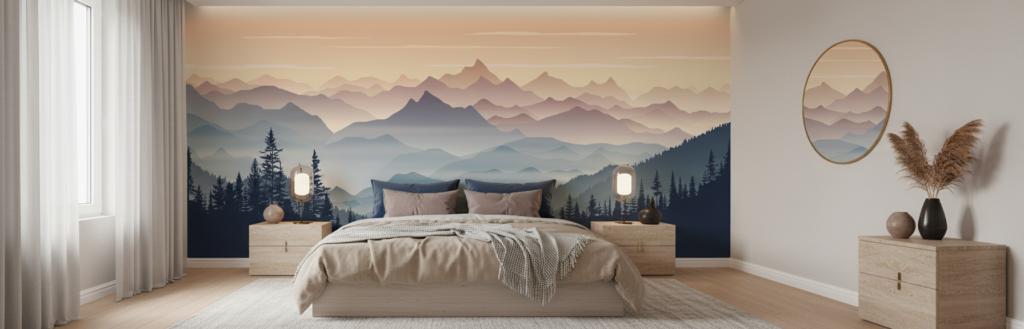 Papier Peint Montagnes Brummeuses Coucher de Soleil Atmosphère Zen - Chambre adulte