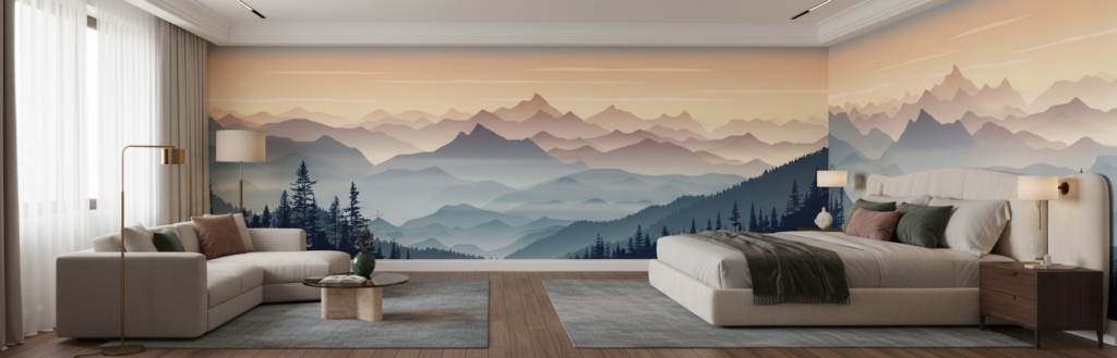 Papier Peint Montagnes Brummeuses Coucher de Soleil Atmosphère Zen - Hôtel