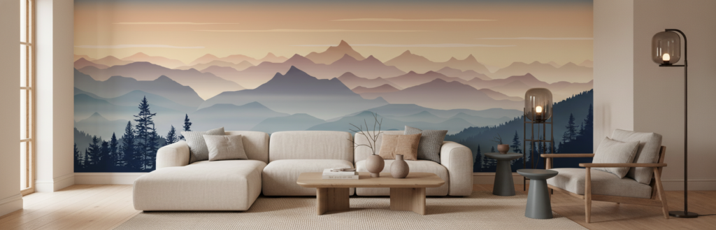 Papier Peint Montagnes Brummeuses Coucher de Soleil Atmosphère Zen - Salon / Séjour